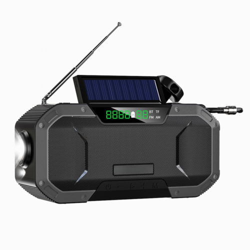Radio portabil multifunctional, Bluetooth, Lanterna SOS, AM/FM, Afisaj digital, Incarcare prin cablu, manual si solar, Baterie 5000mAh