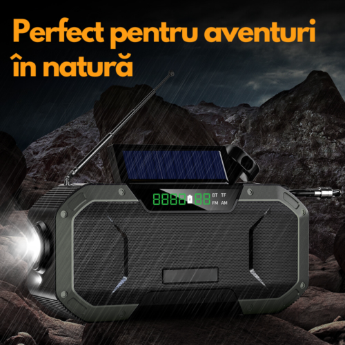 Radio portabil multifunctional, Bluetooth, Lanterna SOS, AM/FM, Afisaj digital, Incarcare prin cablu, manual si solar, Baterie 5000mAh