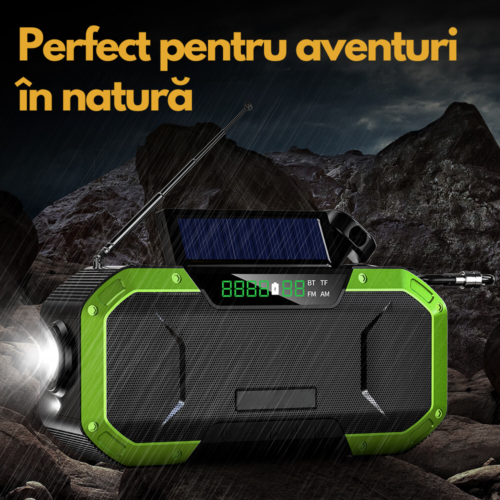 Radio portabil multifunctional, Bluetooth, Lanterna SOS, AM/FM, Afisaj digital, Incarcare prin cablu, manual si solar, Baterie 5000mAh