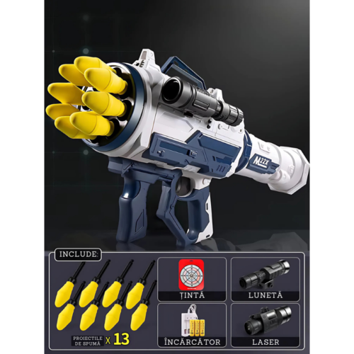 Jucarie Blaster Bazooka, Proiectile din spuma x13, Alb/Albastru