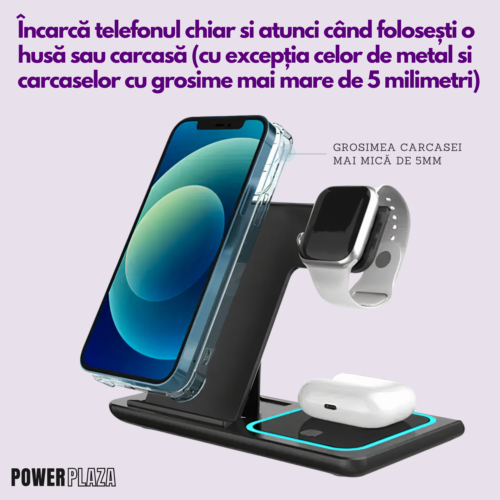 Incarcator Wireless 3 in 1, Statie de Incarcare Pliabila, 15W, Telefon, Smart Watch, Casti, Incarcare Rapida