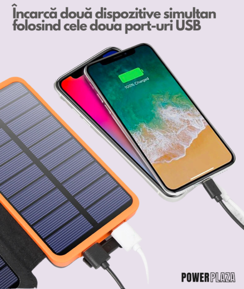 Baterie Externa Portabila Solara 20.000mAh, 4 Panouri, Waterproof, Lanterna LED