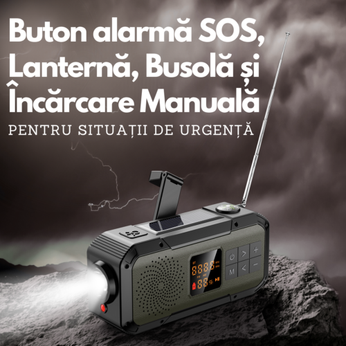 Radio portabil multifunctional, Bluetooth, Lanterna SOS, AM/FM, Afisaj digital, Incarcare prin cablu, manual si solar, Baterie 5000mAh
