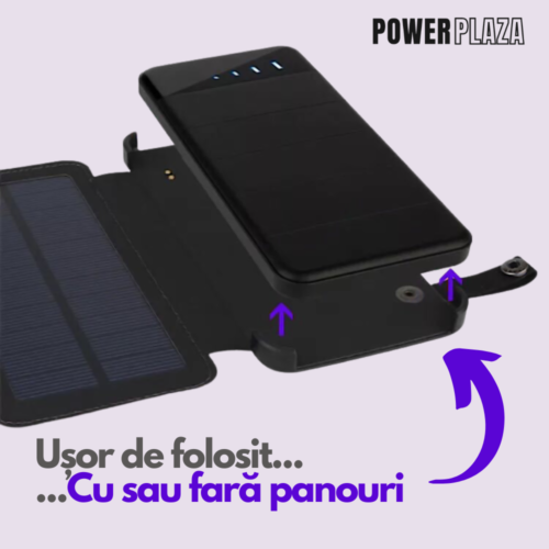 Baterie Externa Portabila 8.000mAh, 3 Panouri Solare Detasabile, Lanterna LED