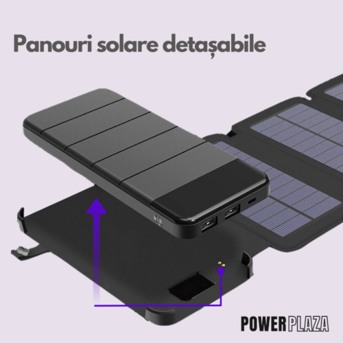 Baterie Externa Portabila 8.000mAh, 3 Panouri Solare Detasabile, Lanterna LED