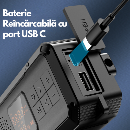 Radio portabil multifunctional, Bluetooth, Lanterna SOS, AM/FM, Afisaj digital, Incarcare prin cablu, manual si solar, Baterie 5000mAh