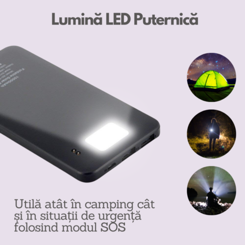 Baterie Externa Portabila 8.000mAh, 3 Panouri Solare Detasabile, Lanterna LED