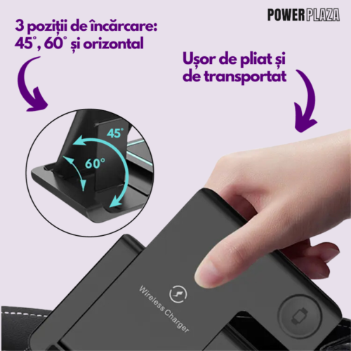 Incarcator Wireless 3 in 1, Statie de Incarcare Pliabila, 15W, Telefon, Smart Watch, Casti, Incarcare Rapida
