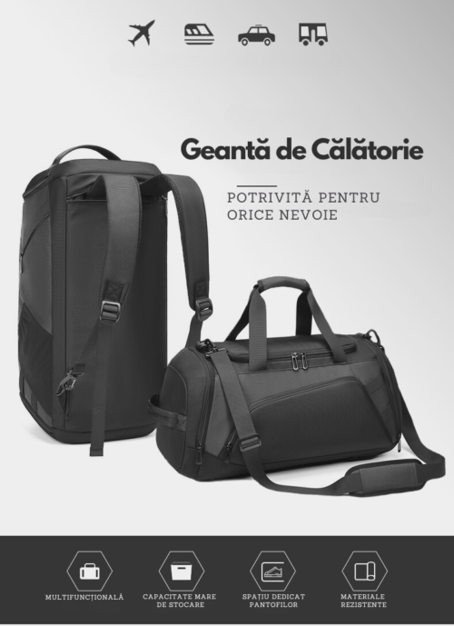 Geanta de voiaj multifunctionala RavaNova, Compartimente pentru cosmetice si incaltaminte, Waterproof, 50x24x25cm, Negru